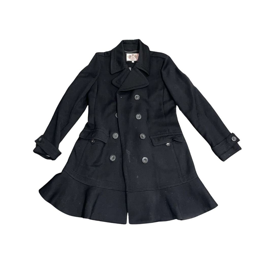 Juicy Couture Double Breasted Wool Trench Peacoat Size Large Ruffle Hem Y2K VTG